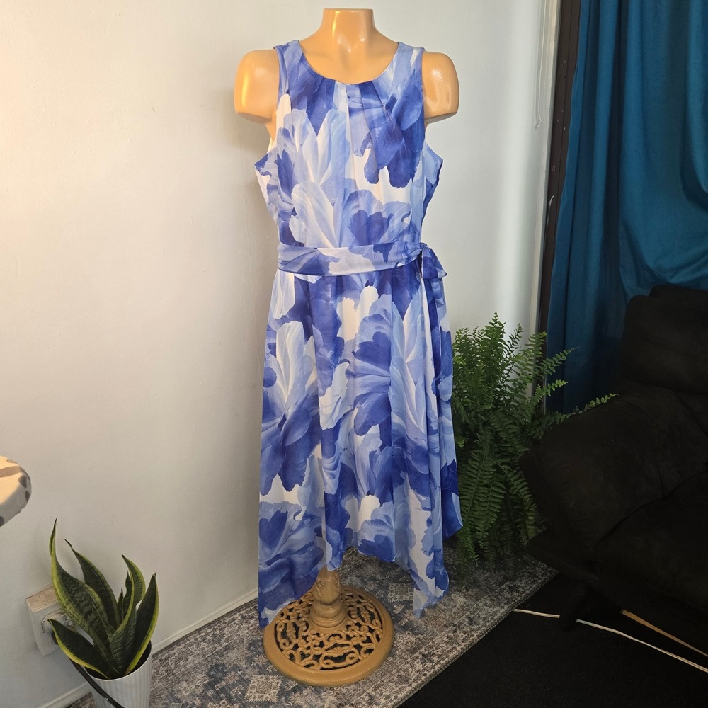 JH Womens Floral Sleeveless Dress 14Petite Blue White Handkerchief Hem Tie Waist